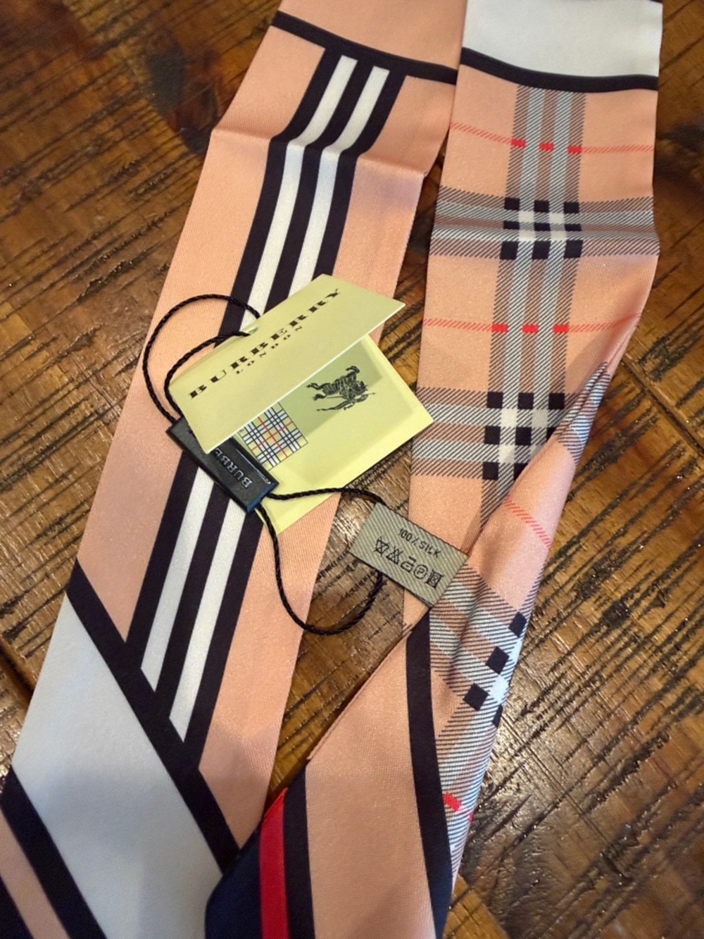 Burberry Peach Plaid & Stripe Silk Twilly Scarf - Picture 4 of 11